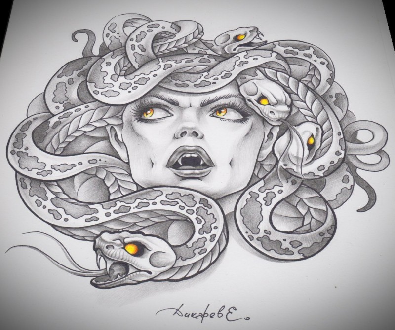 Gorgeous grey-ink medusa gorgona head with shining yellow eyes tattoo design