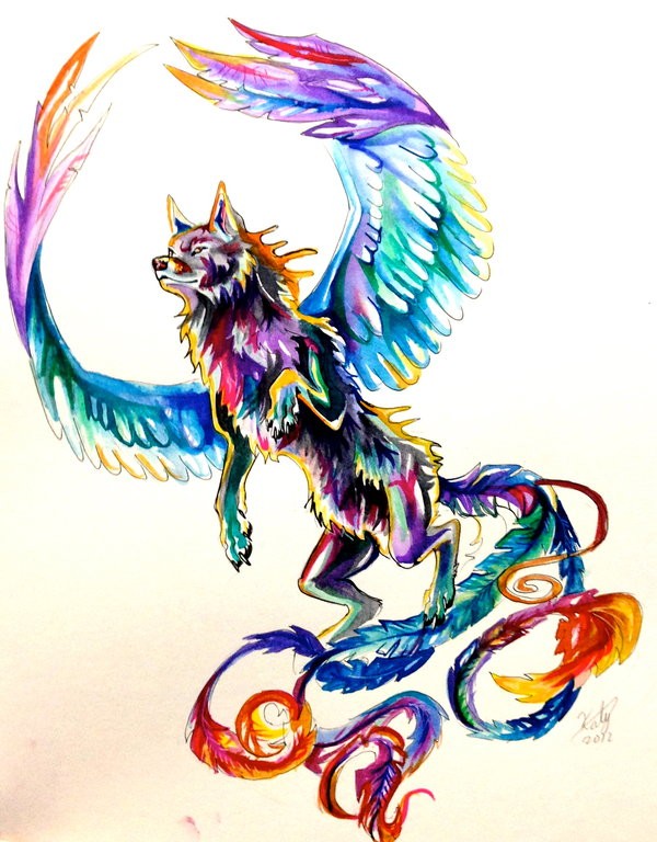 Gorgeous multicolor winged mythic animal tattoo design
