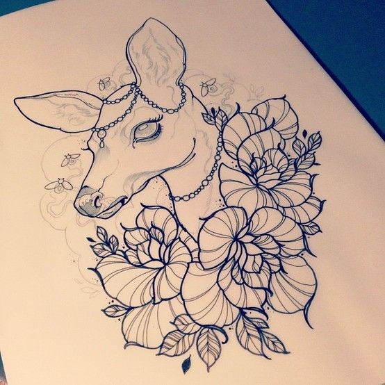 Gorgeous new school deer surrounded with flowers tattoo design