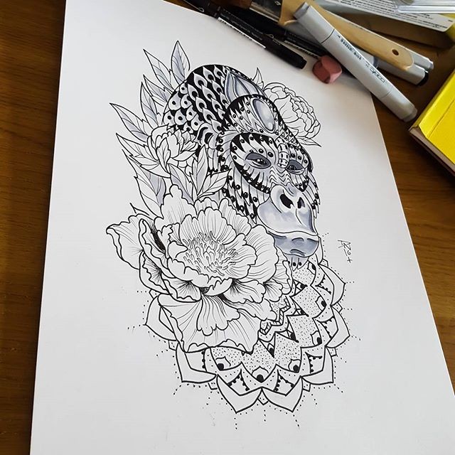 Gorgeous ornamented gorilla head with decorations tattoo design