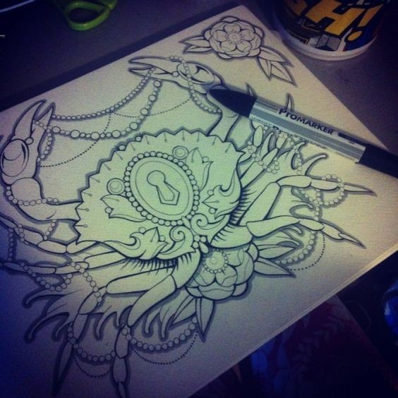 Gorgeous outline crab decorated with a lot od gems and lace tattoo design