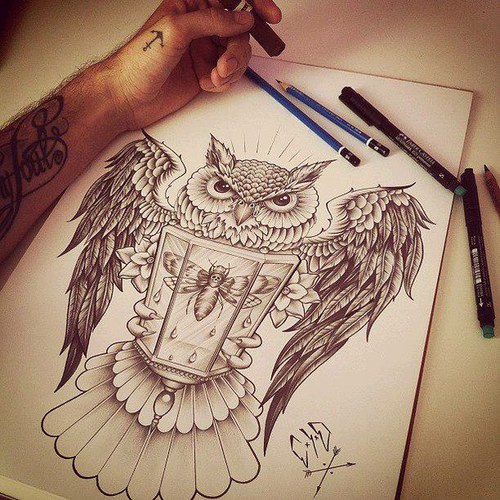 Gorgeous owl keeping a street lamp with a bee inside tattoo design