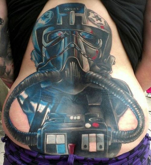 Gorgeous painted colorful Star Wars pilot tattoo on back