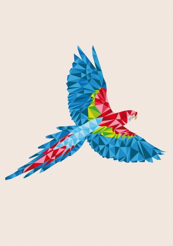 Gorgeous pink-and-blue geometric flying parrot tattoo design