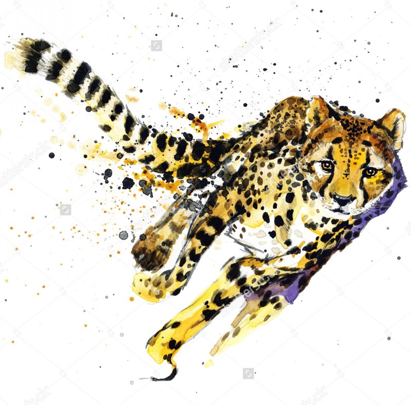 Gorgeous running watercolor cheetah with a lot of spots tattoo design