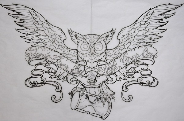 Gorgeous uncolored owl with a hourglass and quoted ribbon tattoo design