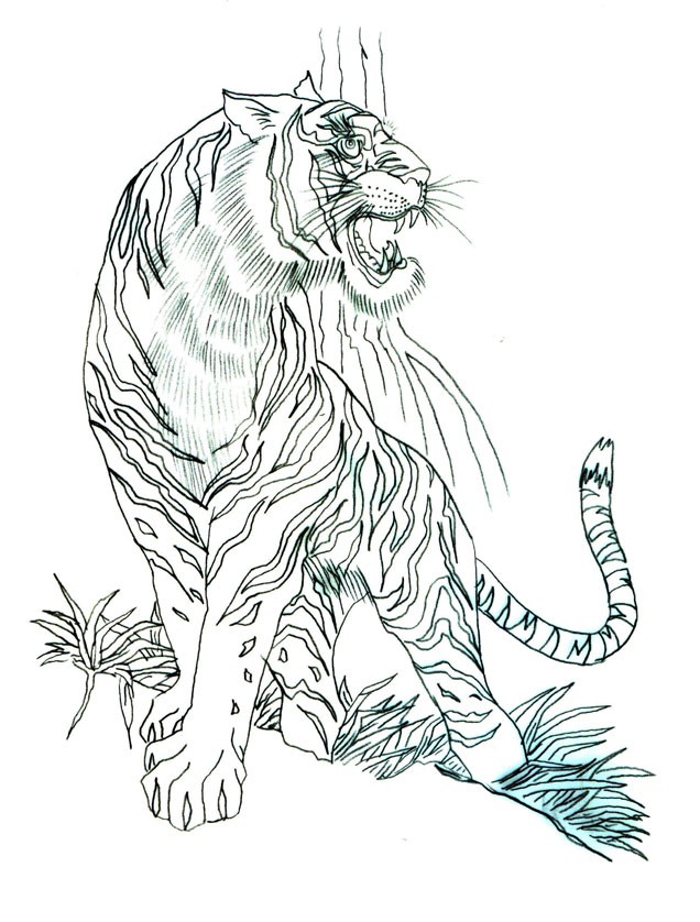 Gorgeous uncolored tiger standing in grass tattoo design