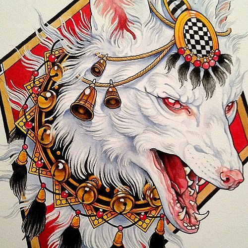 Gorgeous white wolf with bells decoration tattoo design