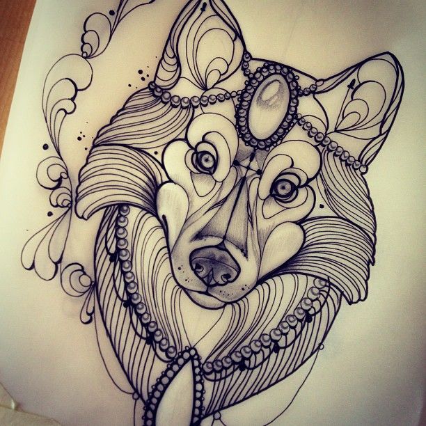 Gorgeous wolf head with gem decoration tattoo design