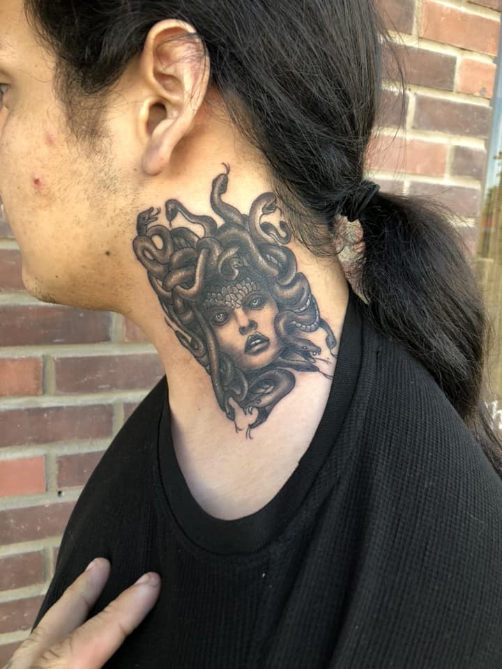 Gorgon medusa tattoo on neck