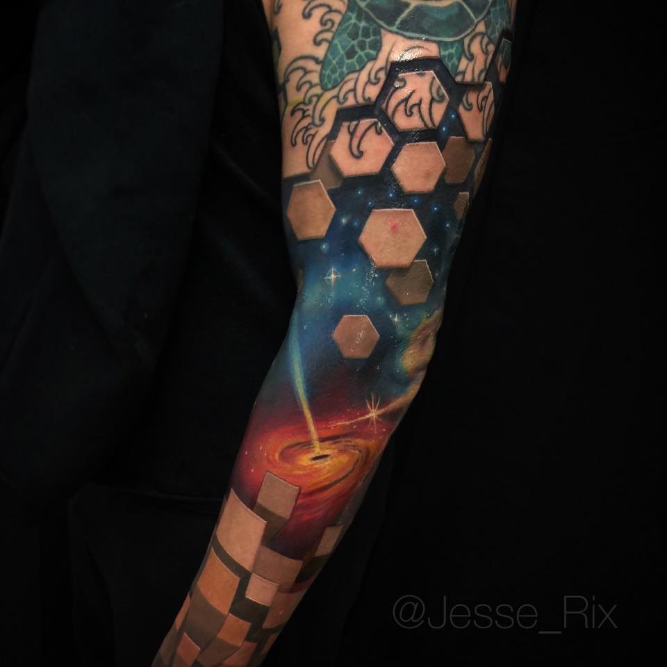 Graet space theme full sleeve tattoo with 3d elements