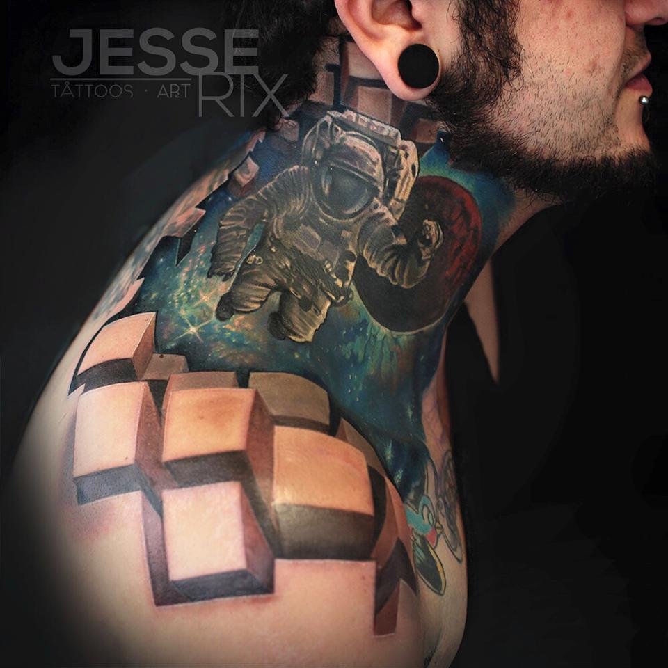 Graet spaceman and 3d cubes tattoo on neck and shoulder