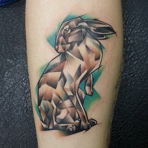 Great abstract colorful hare tattoo on arm
