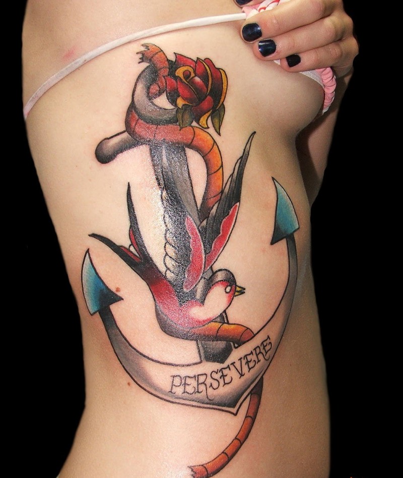 Great anchor tattoo with persevere lettering and a bird tattoo on rib-side