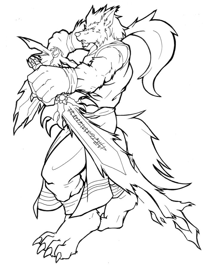 Great animated werewolf with a huge sword without coloring tattoo design by Rackun