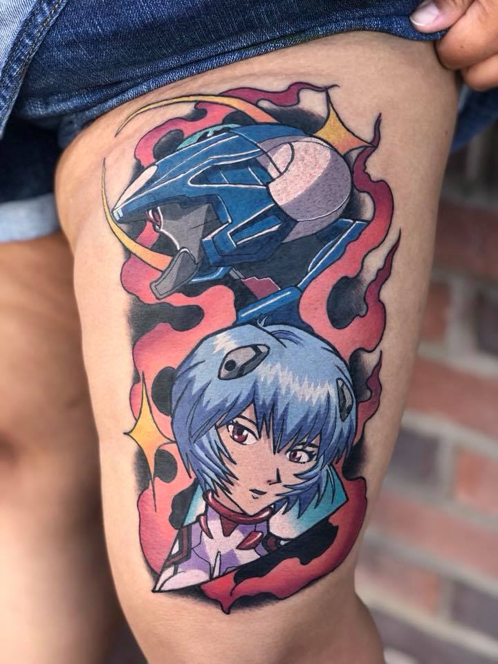 Great anime cartoon tattoo on thigh