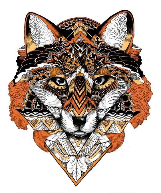 Great black-and-orange animal face in geometric style tattoo design