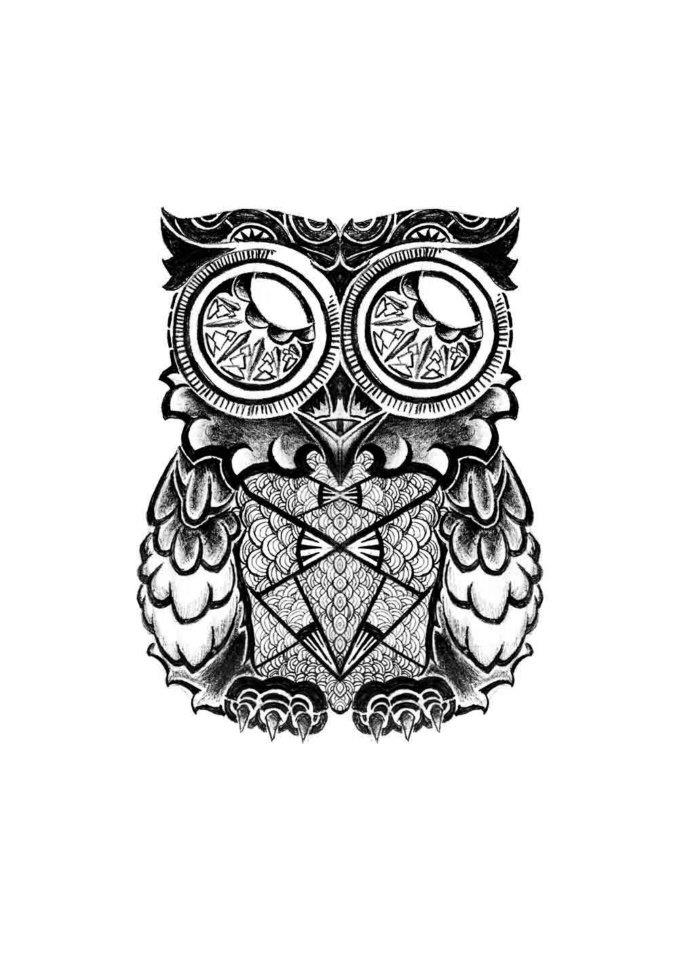 Great black-and-white huge-eyed maori owl tattoo design
