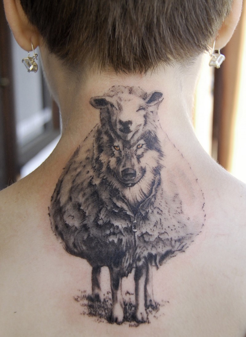 Great black-and-white wolf in sheep skin tattoo on upper back