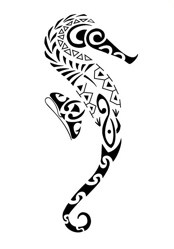 Great black-ink polynesian seahorse tattoo design