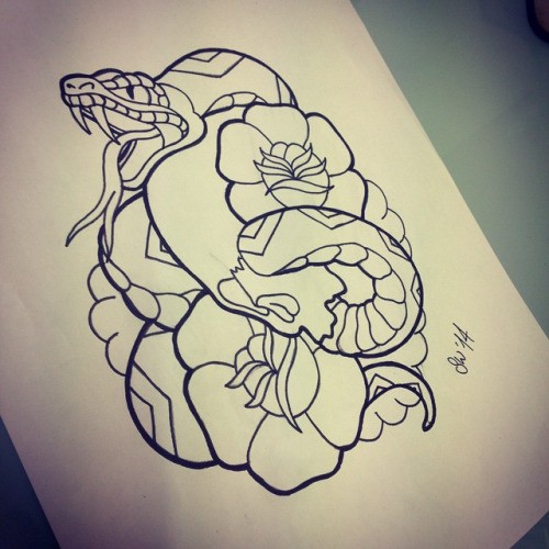 Great black-line snake and flowers tattoo design