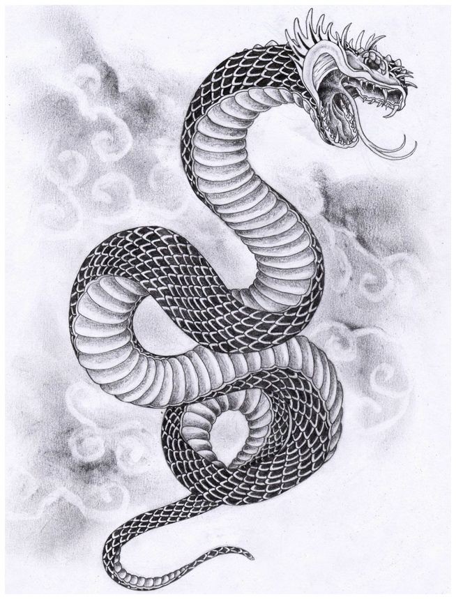 Great black-scaled snake on dense cloudy background tattoo design