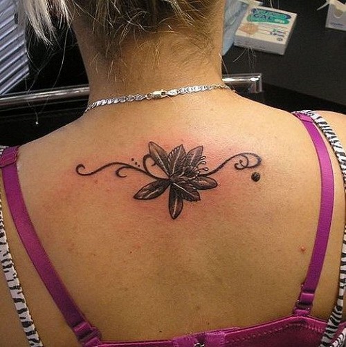 Great black jasmine flower with ornate lines tattoo on back