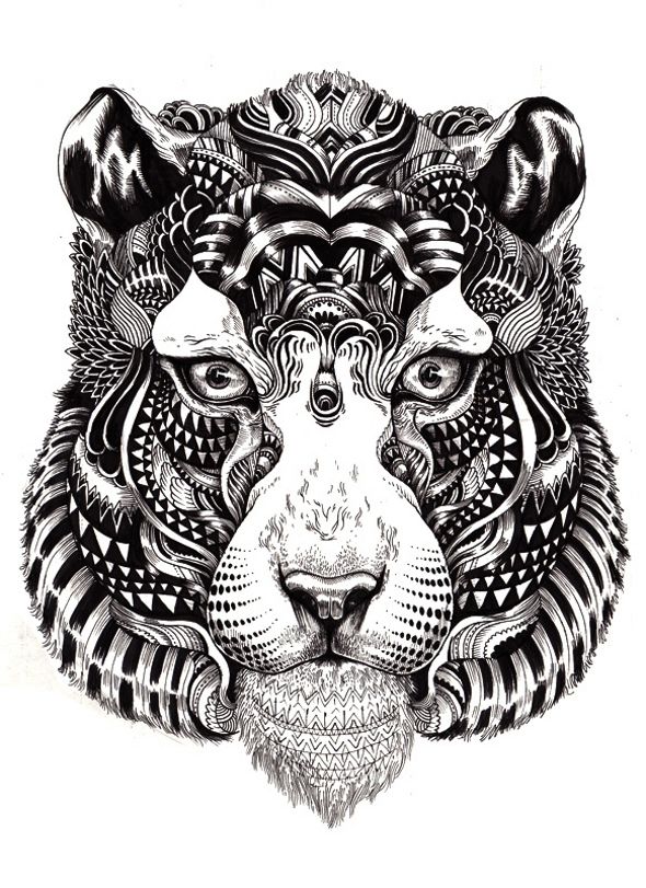 Great black ornate tiger face tattoo design