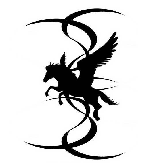 Great black tribal pegasus silhouette and curly stripes tattoo design