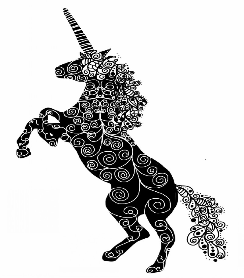 Great black unicorn with white curly print tattoo design