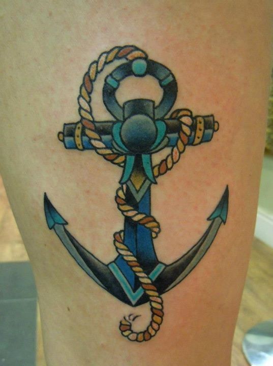 Great blue anchor tattoo on shin