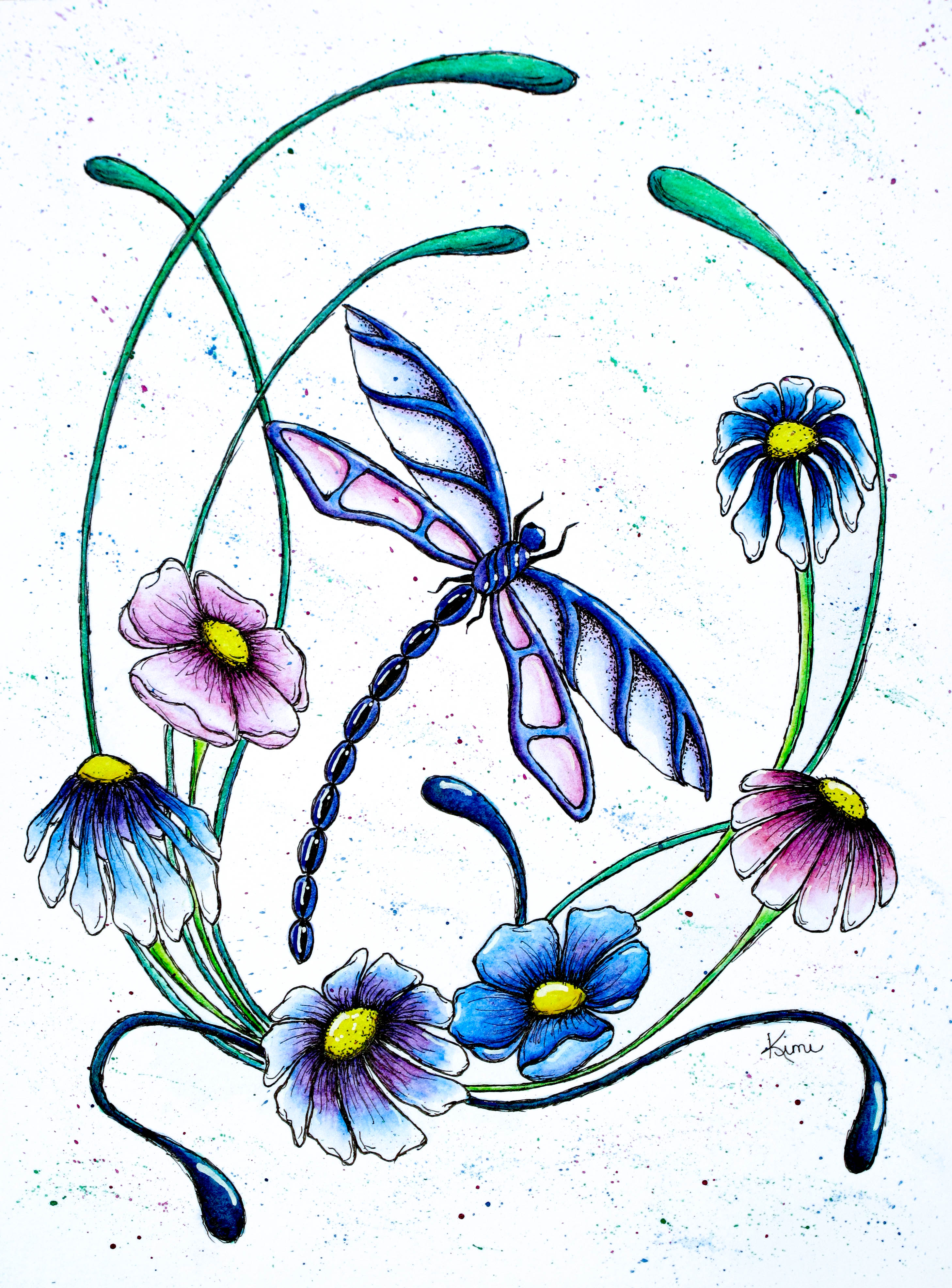 Great blue spring dragonfly surrounded with flowers tattoo design
