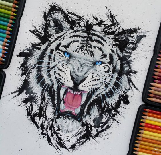 Great bright blue-eyed white tiger tattoo design