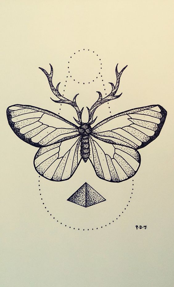 Great butterfly with deer horns and a small pyramid tattoo design
