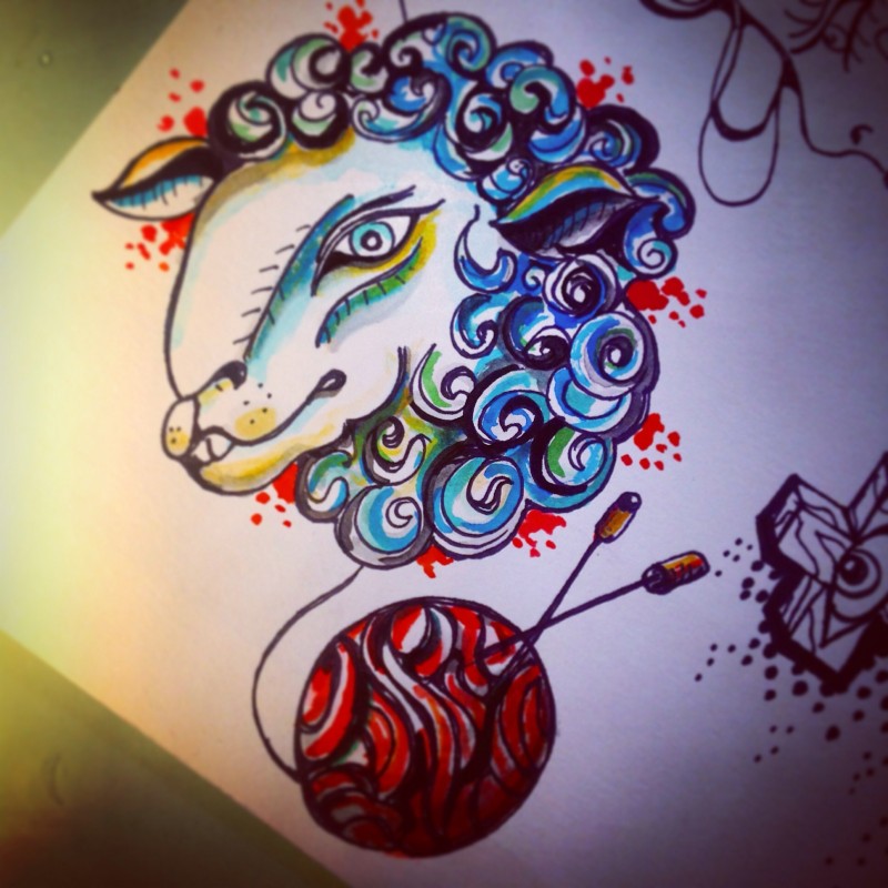 Great color-ink sheep head with red clew tattoo design