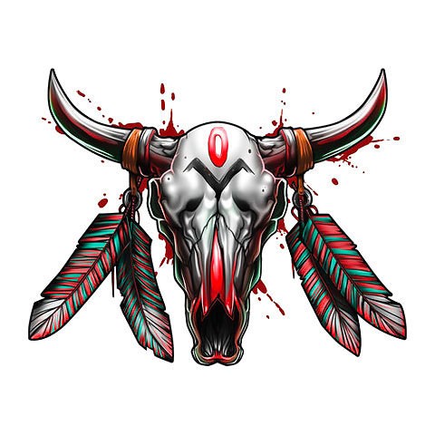 Great colored indian-decorated bloody bull skull tattoo design