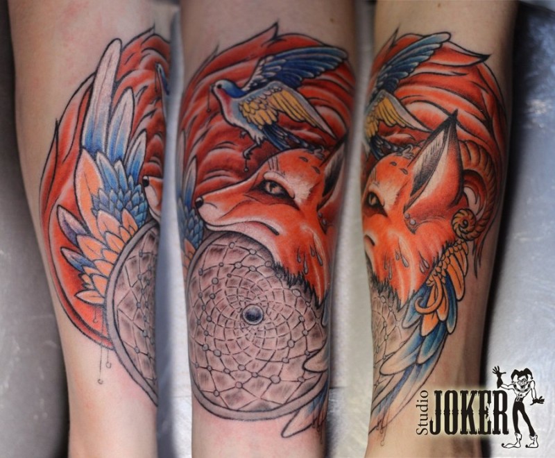 Great colored mystical animal fox tattoo on arm