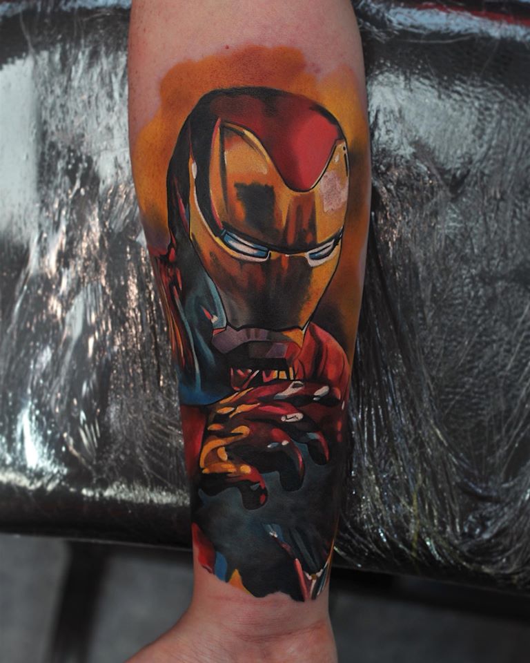 Great colorful Ironman tattoo on forearm