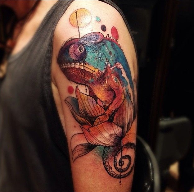 Great colorful chameleon tattoo on upper arm