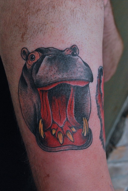 Great colorful crying hippo tattoo on arm