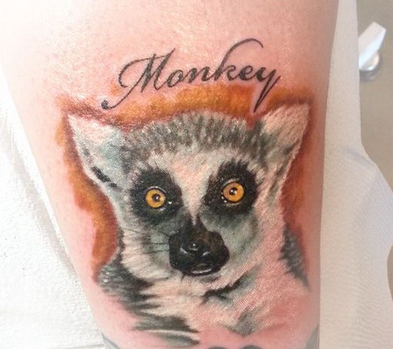 Schönes Tattoo mit Inschrift &quotMonkey" und farbigem Lemur an der Wade