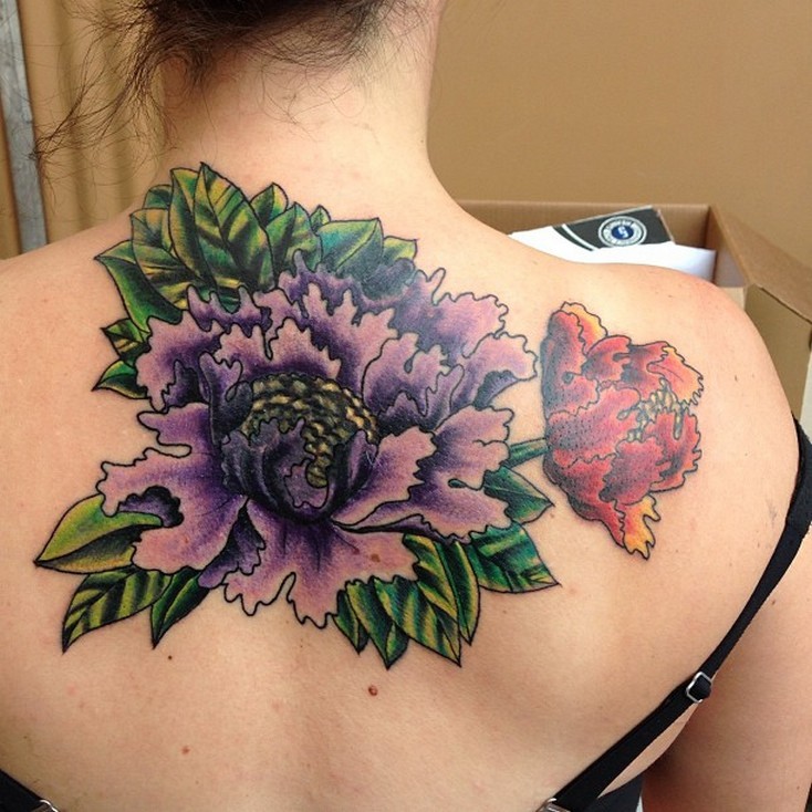 Great colorful peony flowers tattoo on back