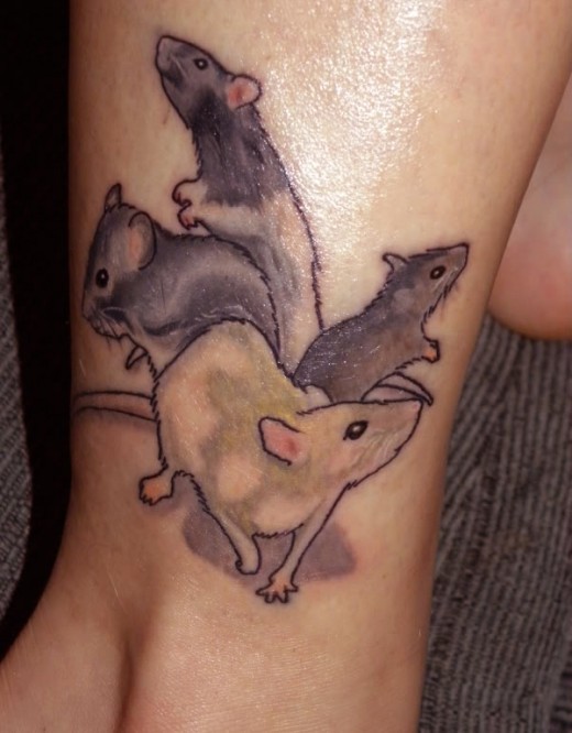 Great colorful rodent family tattoo on leg