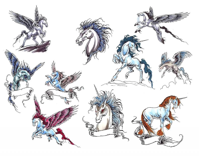 Great colorful unicorns in different poses tattoo design