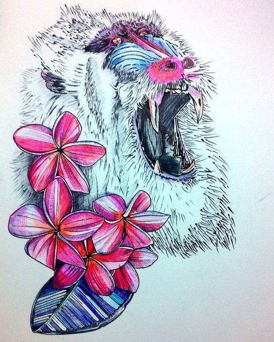Great crying baboon and pink flowers tattoo design
