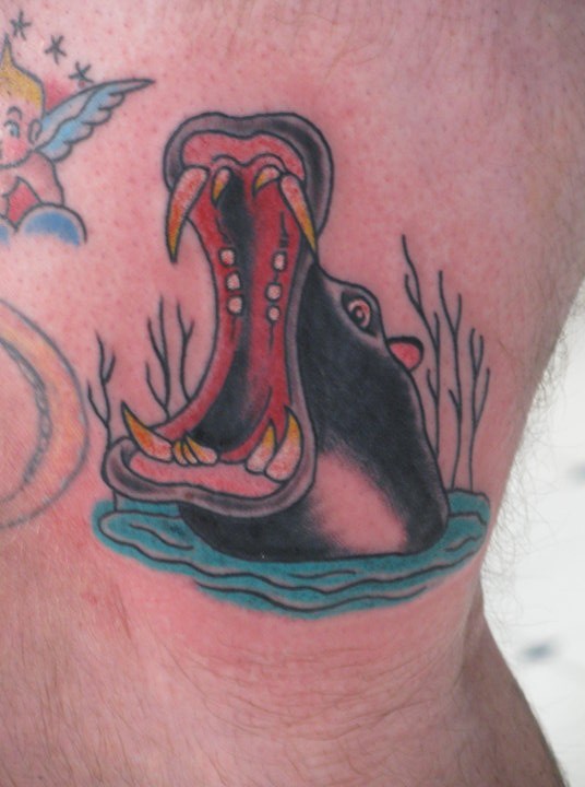 Great crying color-ink hippo tattoo on side