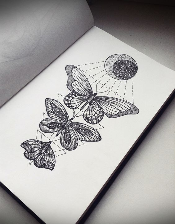 Great dotwork butterflies with sun-and-moon element tattoo design