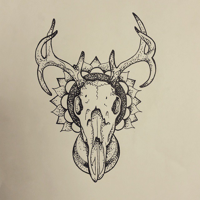 Great dotwork deer skull an mandala background tattoo design