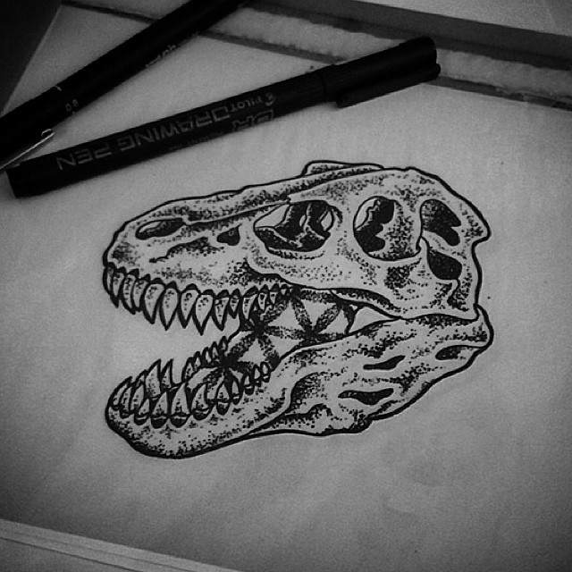 Great dotwork dinosaur skull tattoo design
