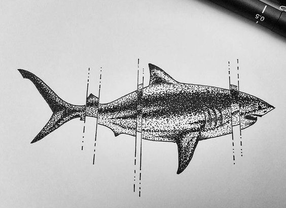 Great dotwork shark and vertical lines tattoo design